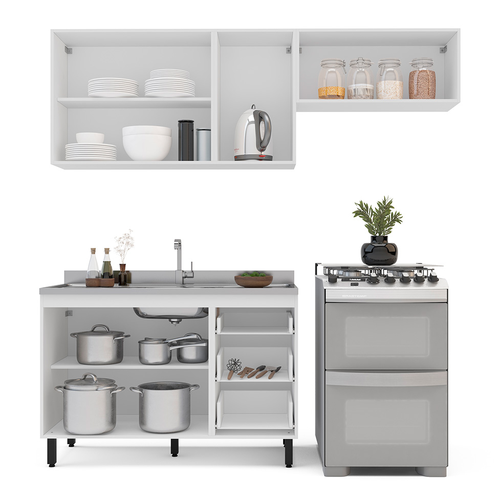 Cozinha Compacta sem Tampo Meena 6 Portas 3 Gavetas Creme e Branca