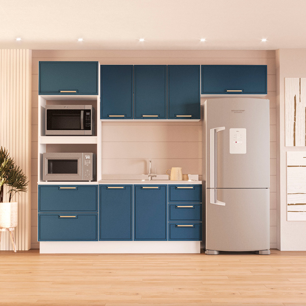 Cozinha Compacta sem Tampo com Rodapé Amara 8 portas 4 Gavetas Azul e Branca II