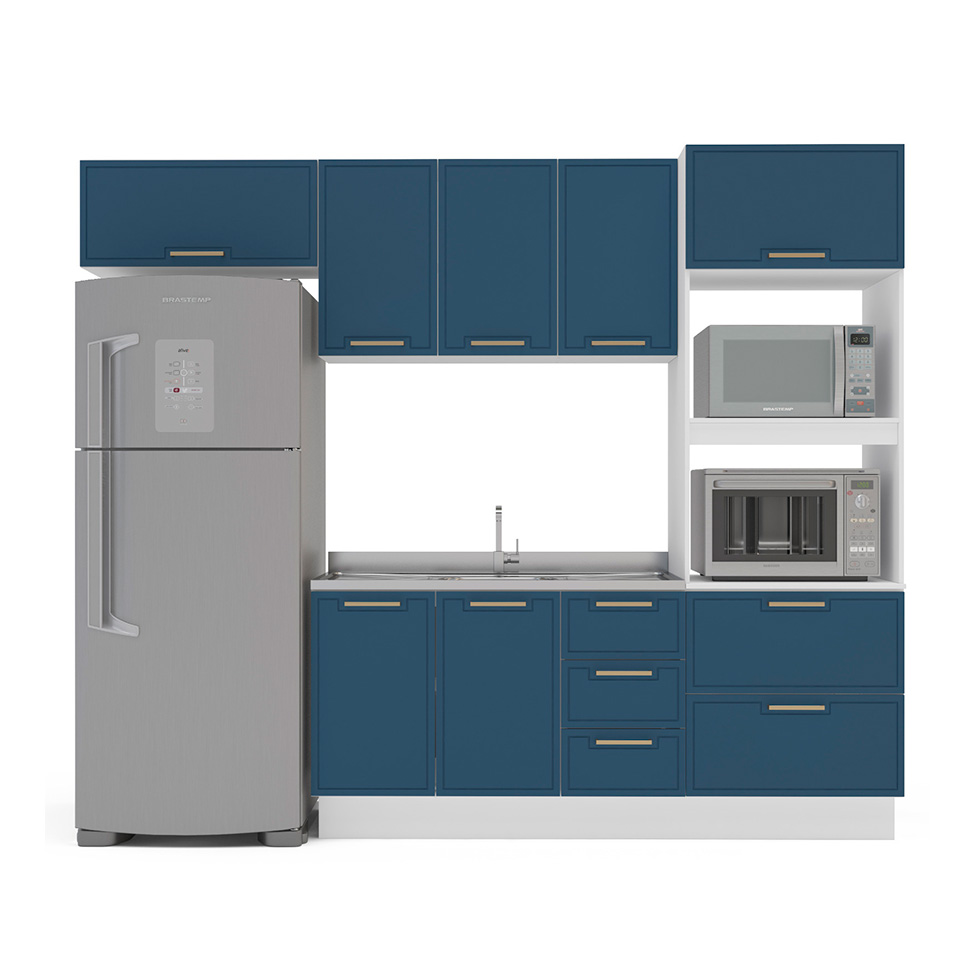 Cozinha Compacta sem Tampo com Rodapé Amara 8 portas 4 Gavetas Azul e Branca II