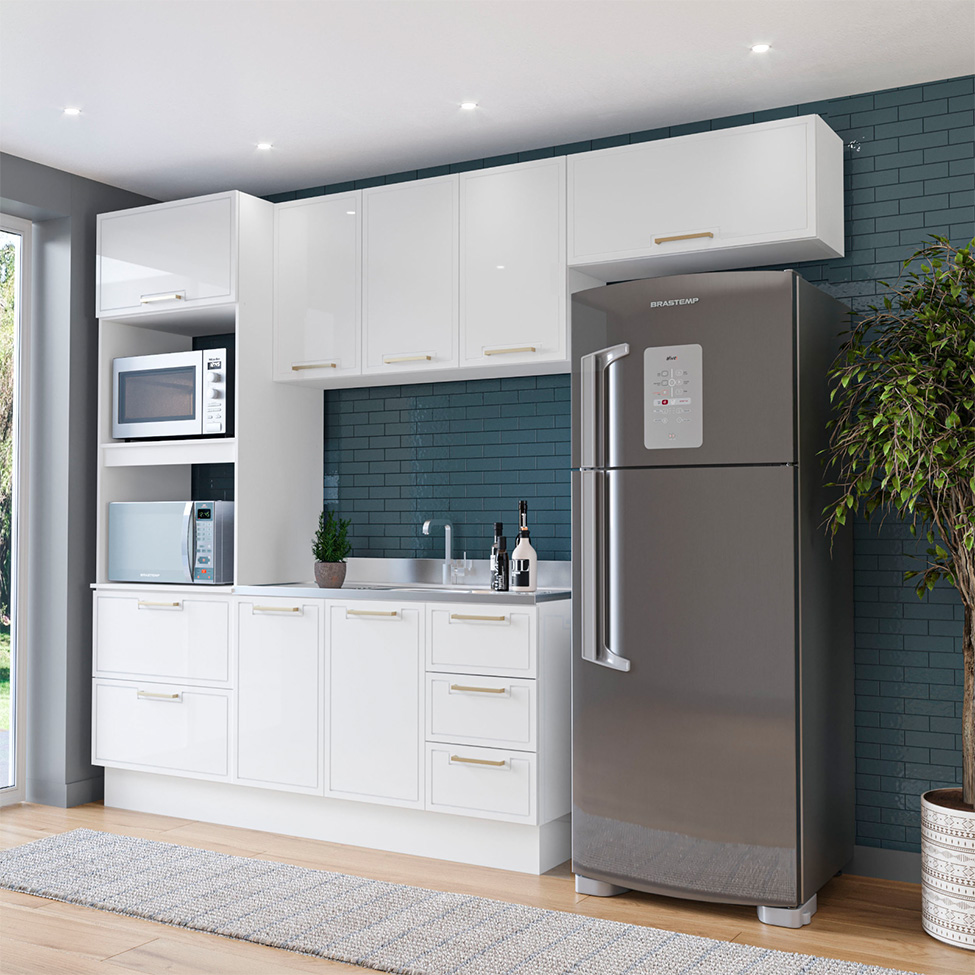 Cozinha Compacta sem Tampo com Rodapé Amara 8 portas 4 Gavetas Branca II