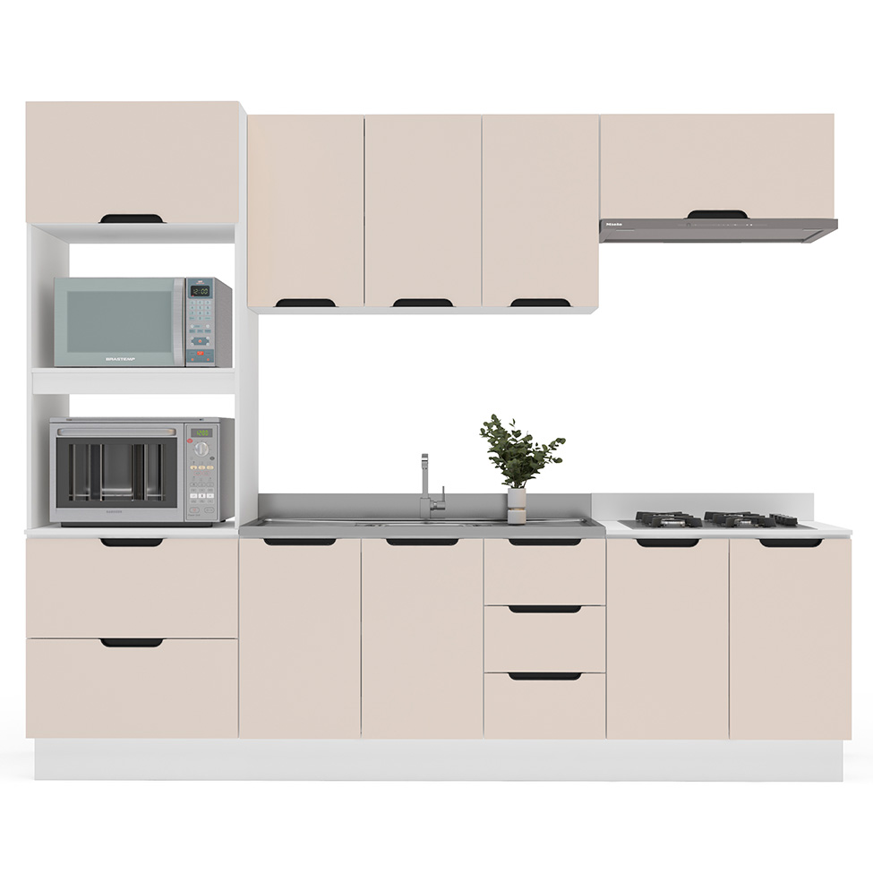Cozinha Compacta sem Tampo com Rodapé Meena 10 Portas 4 Gavetas Creme e Branca