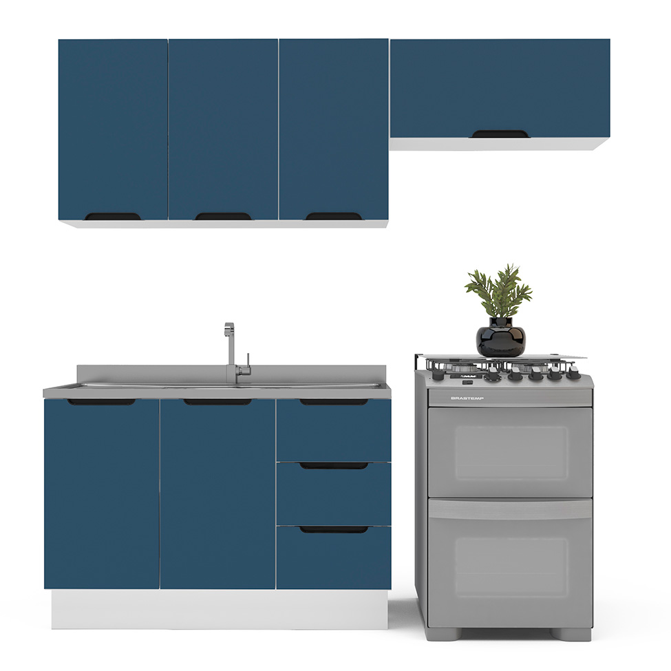 Cozinha Compacta sem Tampo com Rodapé Meena 6 Portas 3 Gavetas Azul e Branca