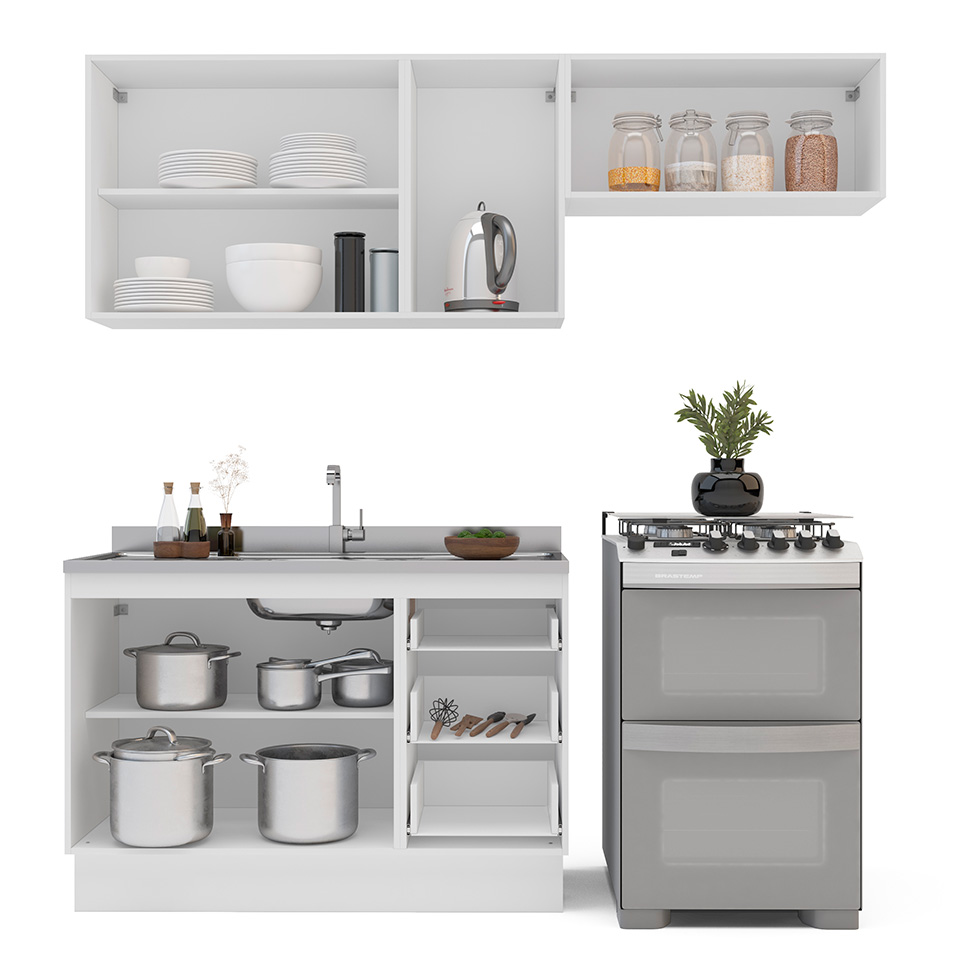 Cozinha Compacta sem Tampo com Rodapé Meena 6 Portas 3 Gavetas Azul e Branca