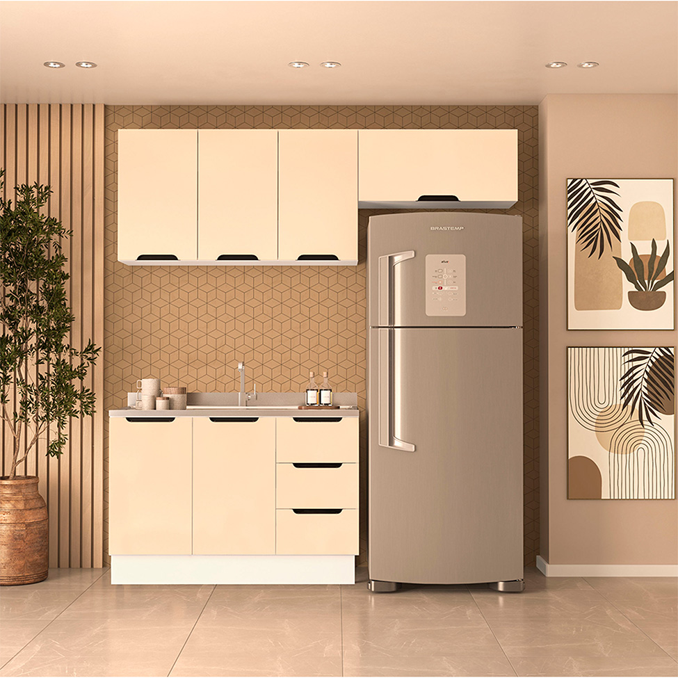 Cozinha Compacta sem Tampo com Rodapé Meena 6 Portas 3 Gavetas Creme e Branca
