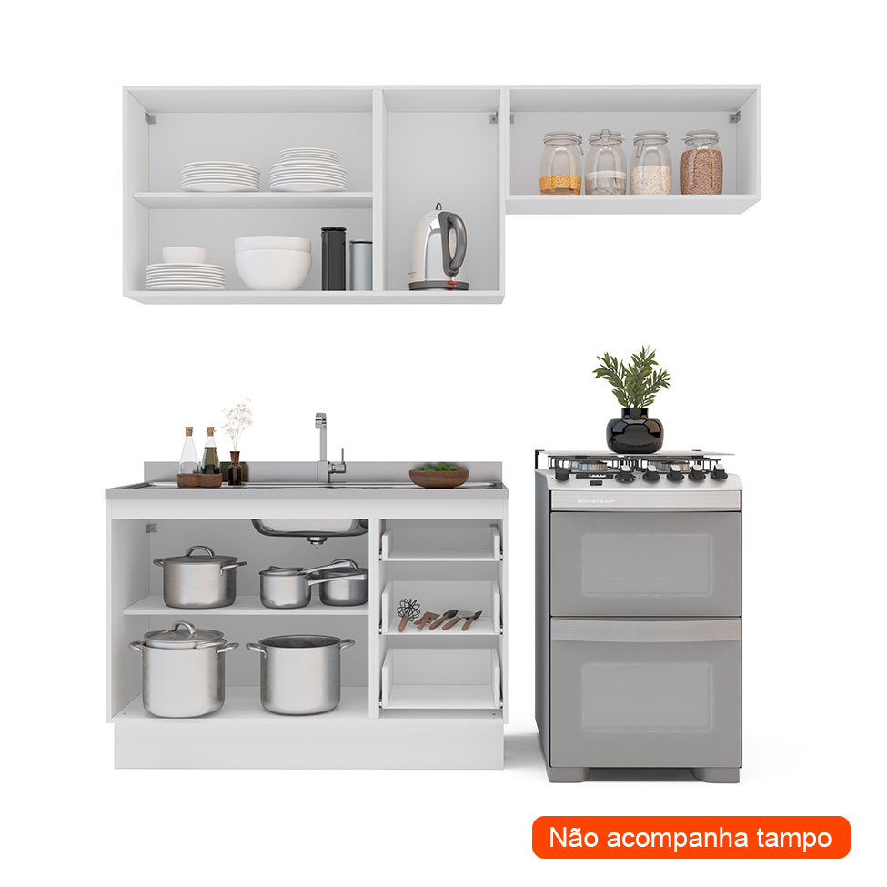 Cozinha Compacta sem Tampo com Rodapé Meena 6 Portas 3 Gavetas Creme e Branca