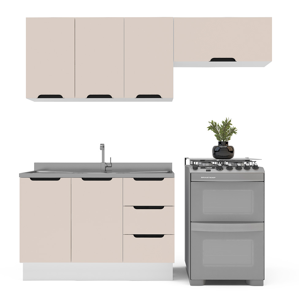 Cozinha Compacta sem Tampo com Rodapé Meena 6 Portas 3 Gavetas Creme e Branca