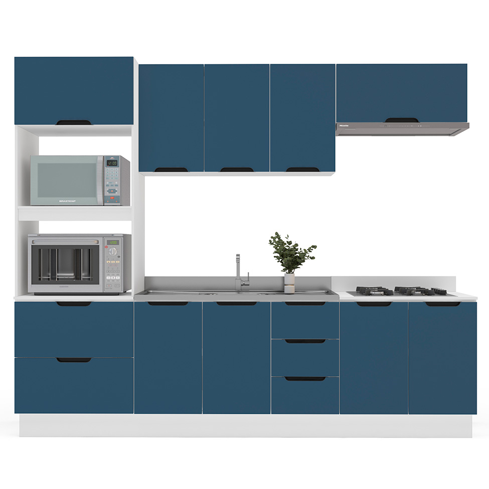 Cozinha Compacta sem Tampo com Rodapé Meena 9 Portas 5 Gavetas Azul e Branca