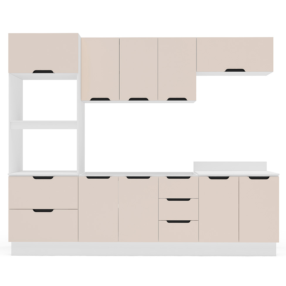 Cozinha Compacta sem Tampo com Rodapé Meena 9 Portas 5 Gavetas Creme e Branca