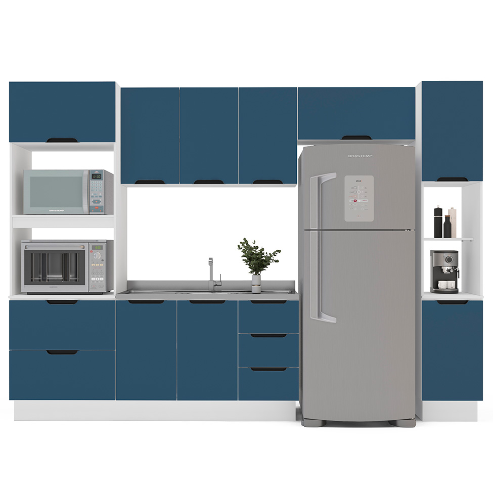 Cozinha Compacta sem Tampo com Rodapé e Paneleiro Meena 9 Portas 5 Gavetas Azul e Branca
