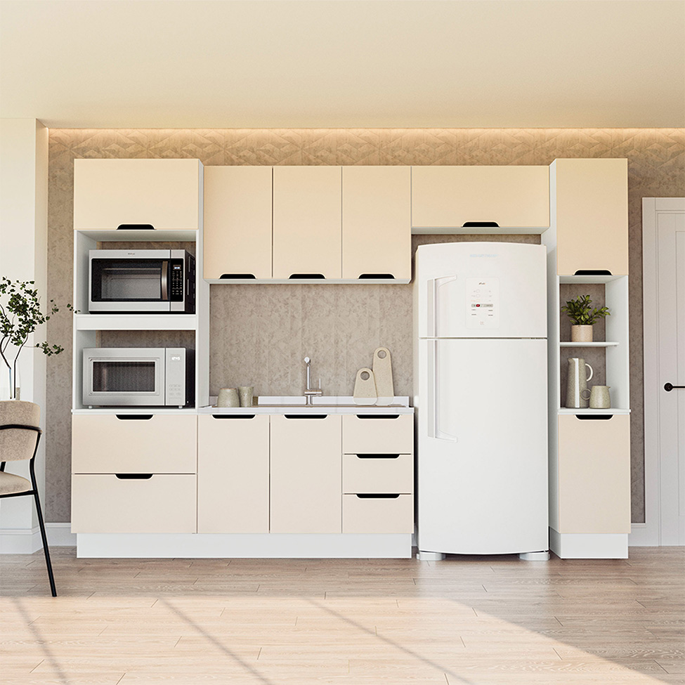 Cozinha Compacta sem Tampo com Rodapé e Paneleiro Meena 9 Portas 5 Gavetas Creme e Branca