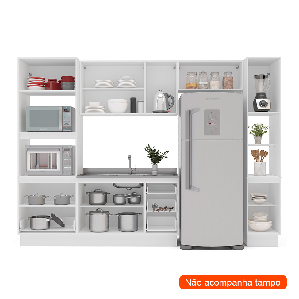Cozinha Compacta sem Tampo com Rodapé e Paneleiro Meena 9 Portas 5 Gavetas Creme e Branca