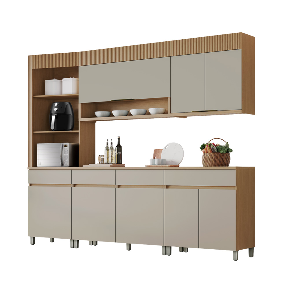 Cozinha Completa 100% MDF Realeza Premium 8 Portas 4 Gavetas Bege e Carvalho