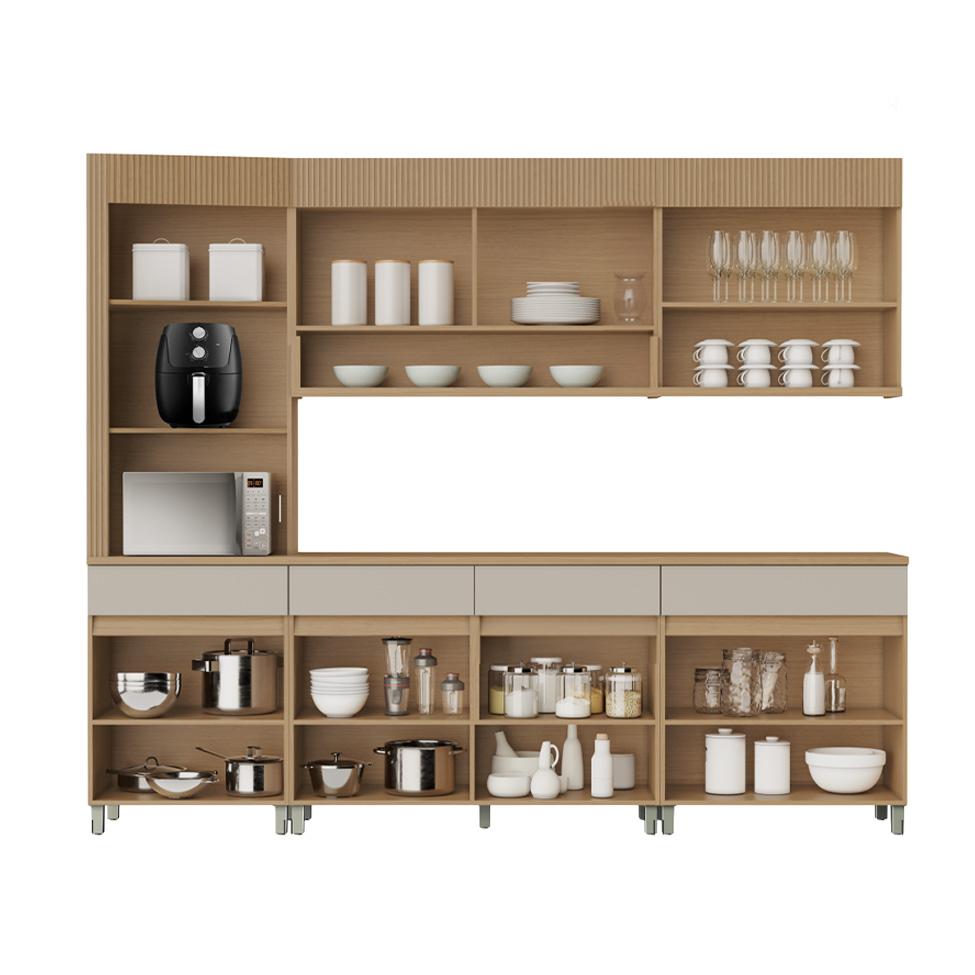 Cozinha Completa 100% MDF Realeza Premium 8 Portas 4 Gavetas Bege e Carvalho