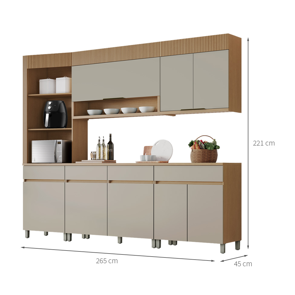 Cozinha Completa 100% MDF Realeza Premium 8 Portas 4 Gavetas Bege e Carvalho