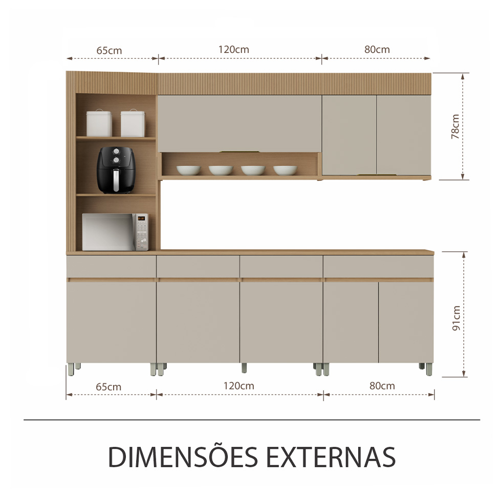 Cozinha Completa 100% MDF Realeza Premium 8 Portas 4 Gavetas Bege e Carvalho