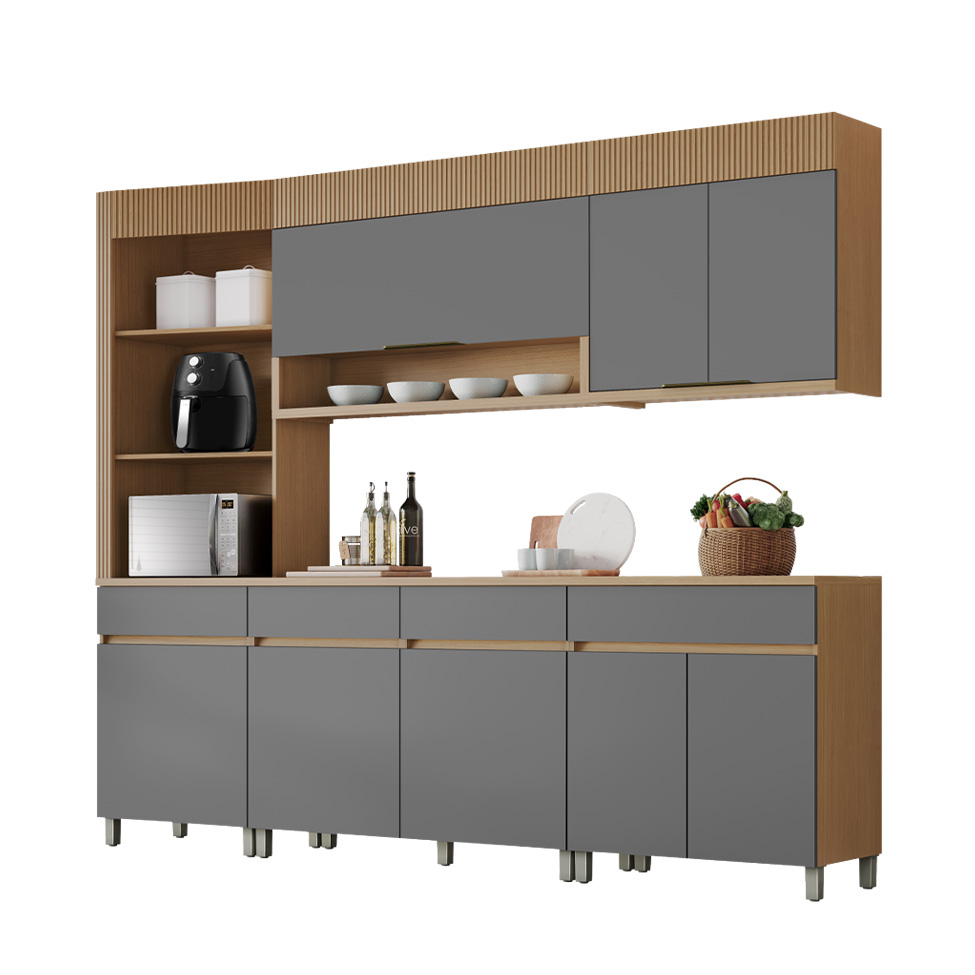 Cozinha Completa 100% MDF Realeza Premium 8 Portas 4 Gavetas Titânio e Carvalho