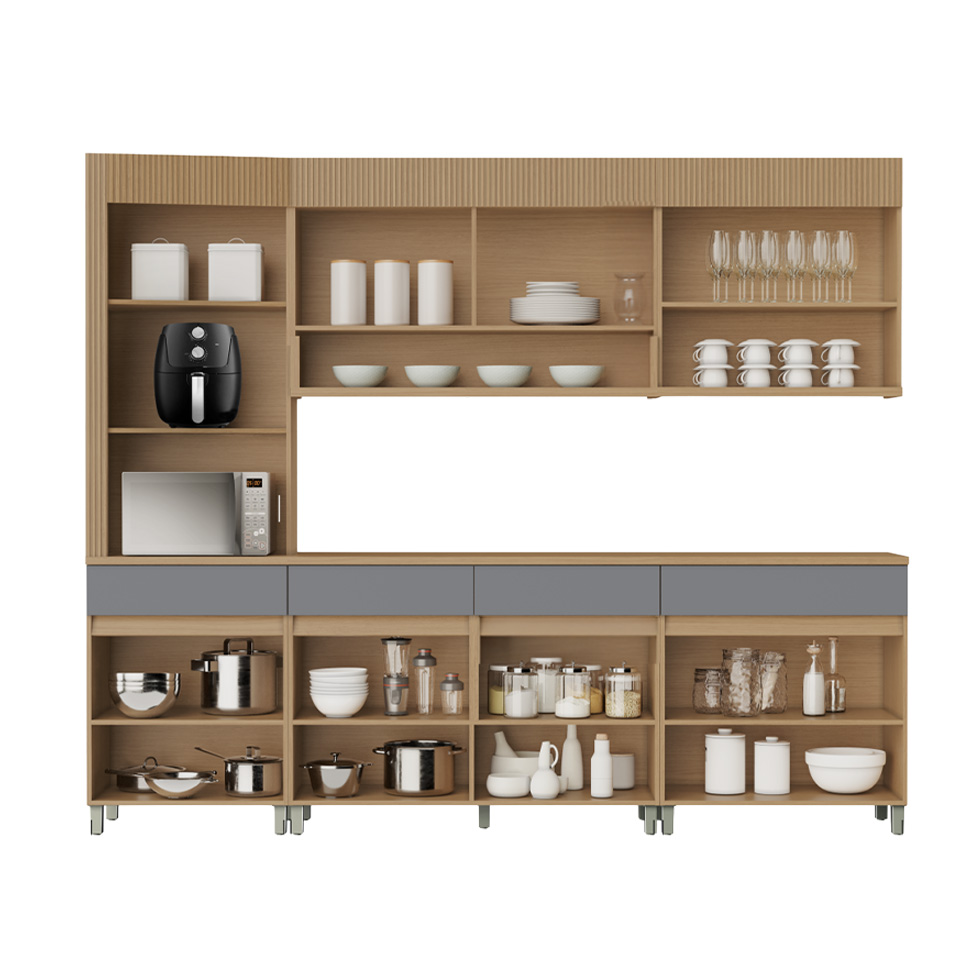 Cozinha Completa 100% MDF Realeza Premium 8 Portas 4 Gavetas Titânio e Carvalho
