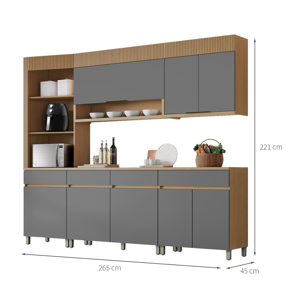Cozinha Completa 100% MDF Realeza Premium 8 Portas 4 Gavetas Titânio e Carvalho
