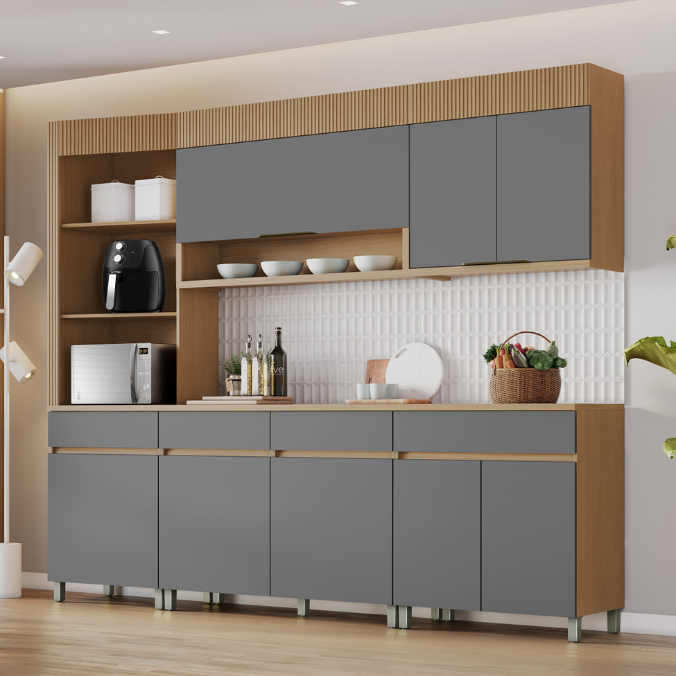 Cozinha Completa 100% MDF Realeza Premium 8 Portas 4 Gavetas Titânio e Carvalho
