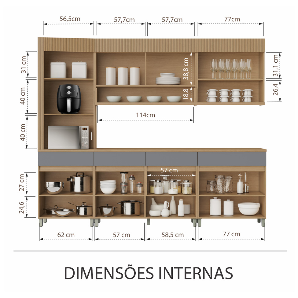 Cozinha Completa 100% MDF Realeza Premium 8 Portas 4 Gavetas Titânio e Carvalho
