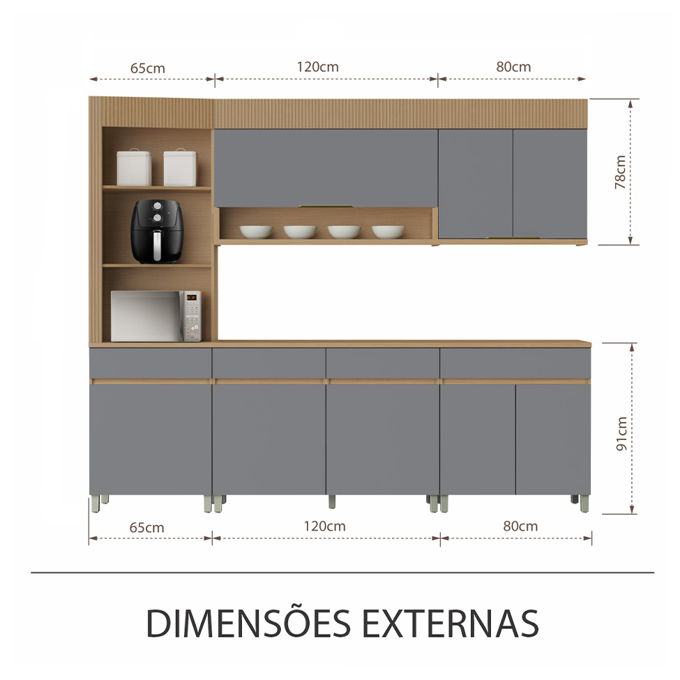Cozinha Completa 100% MDF Realeza Premium 8 Portas 4 Gavetas Titânio e Carvalho