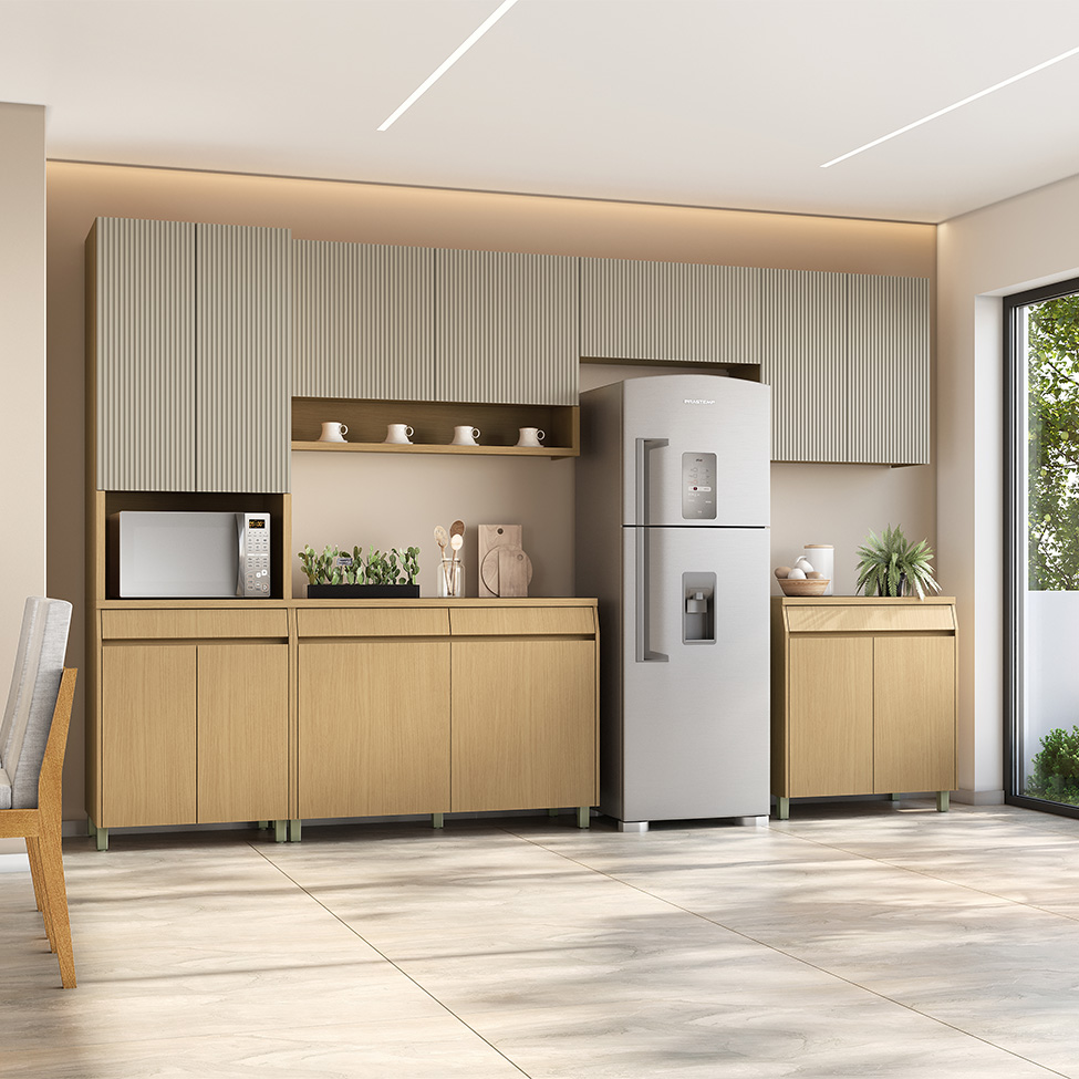 Cozinha Completa 100% MDF Simone Mendes 13 Portas 4 Gavetas Bege e Carvalho