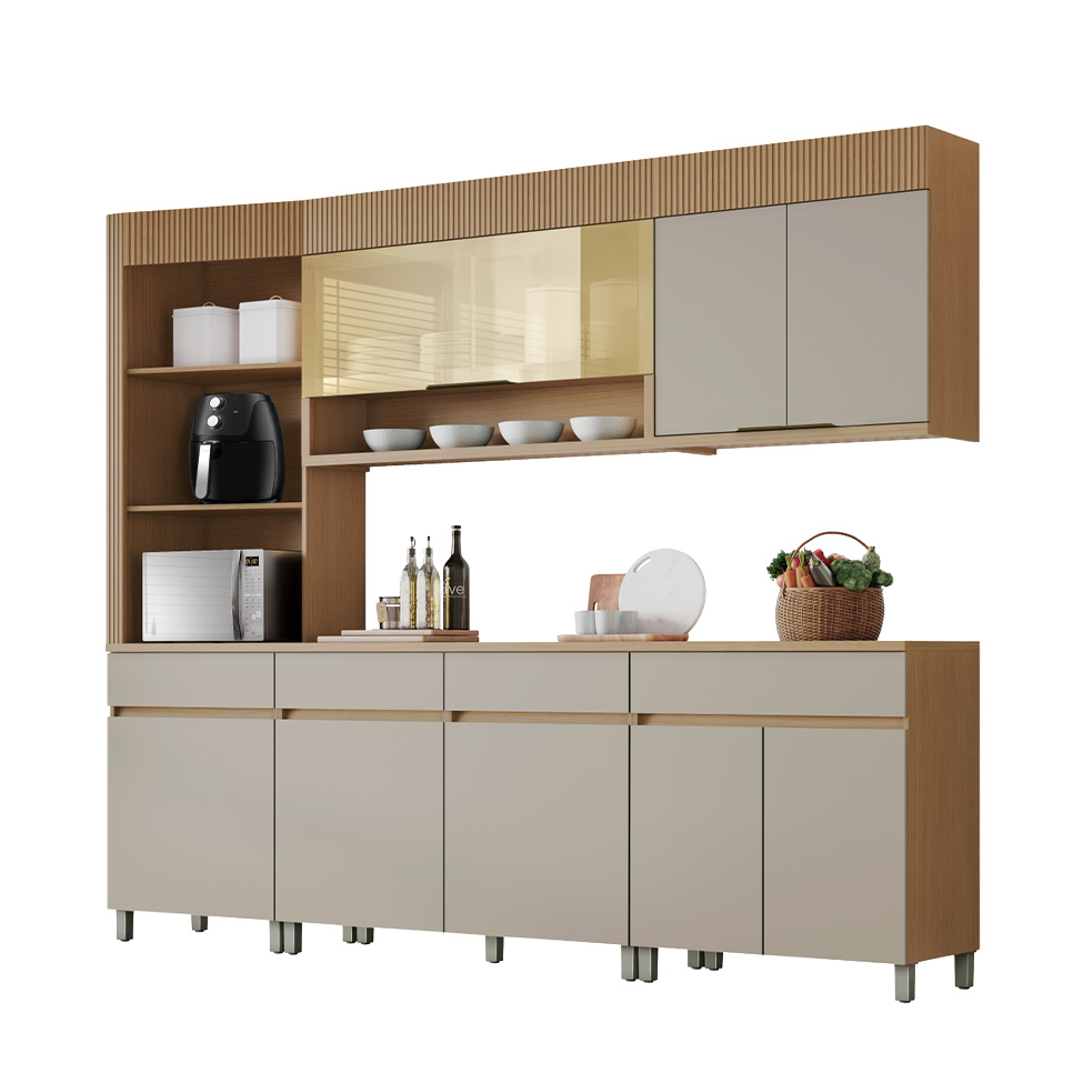 Cozinha Completa 100% MDF com Vidro Reflecta Realeza Premium 8 Portas 4 Gavetas Bege e Carvalho
