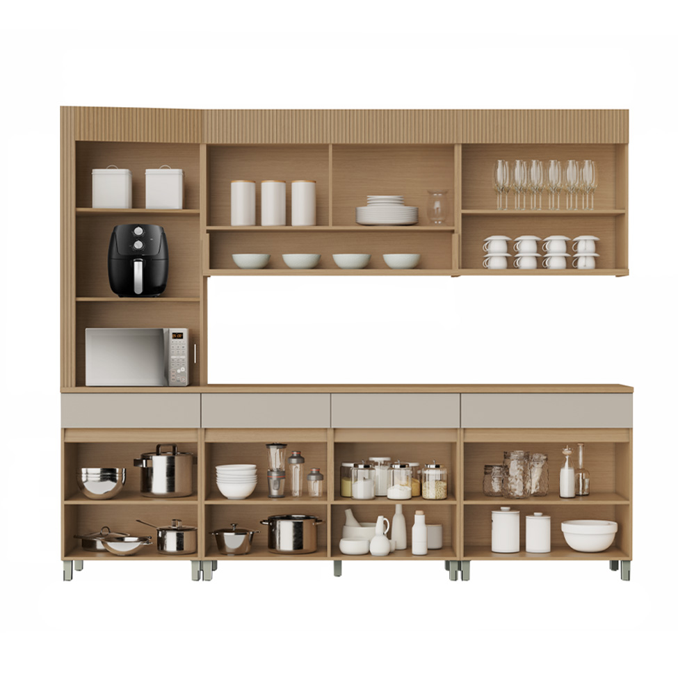 Cozinha Completa 100% MDF com Vidro Reflecta Realeza Premium 8 Portas 4 Gavetas Bege e Carvalho
