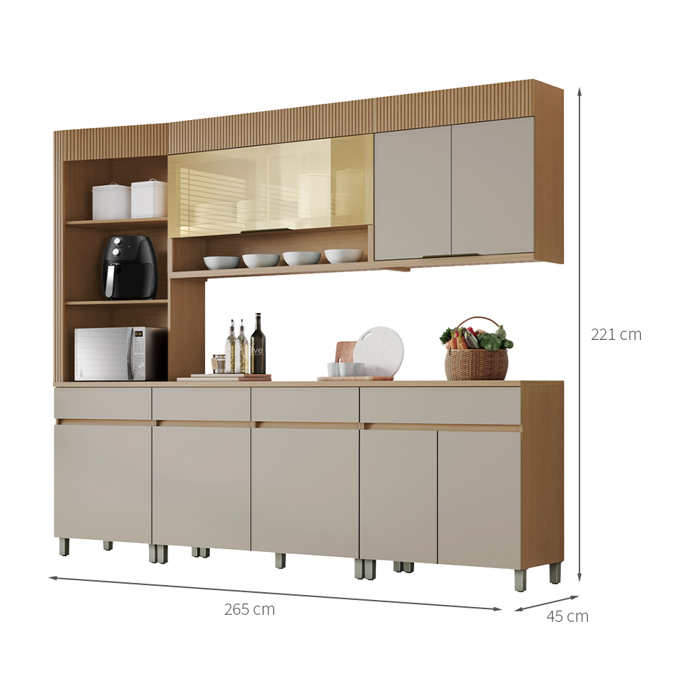 Cozinha Completa 100% MDF com Vidro Reflecta Realeza Premium 8 Portas 4 Gavetas Bege e Carvalho