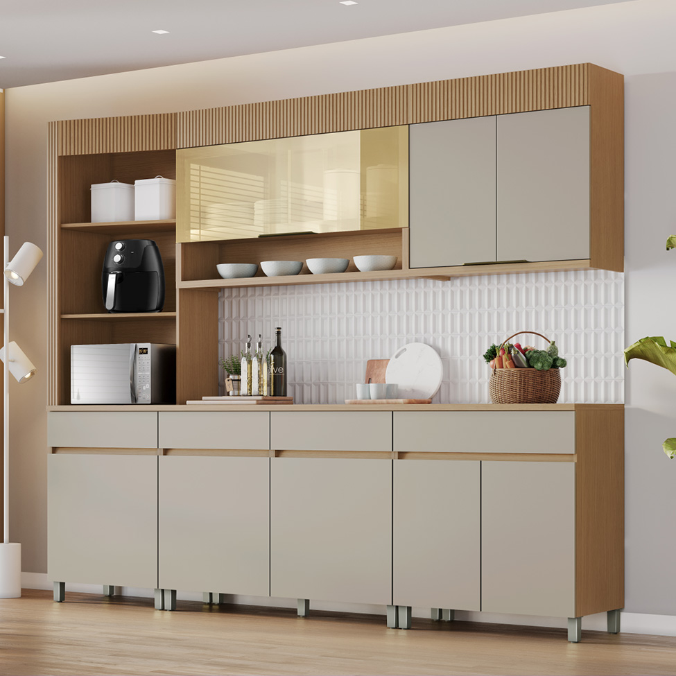 Cozinha Completa 100% MDF com Vidro Reflecta Realeza Premium 8 Portas 4 Gavetas Bege e Carvalho