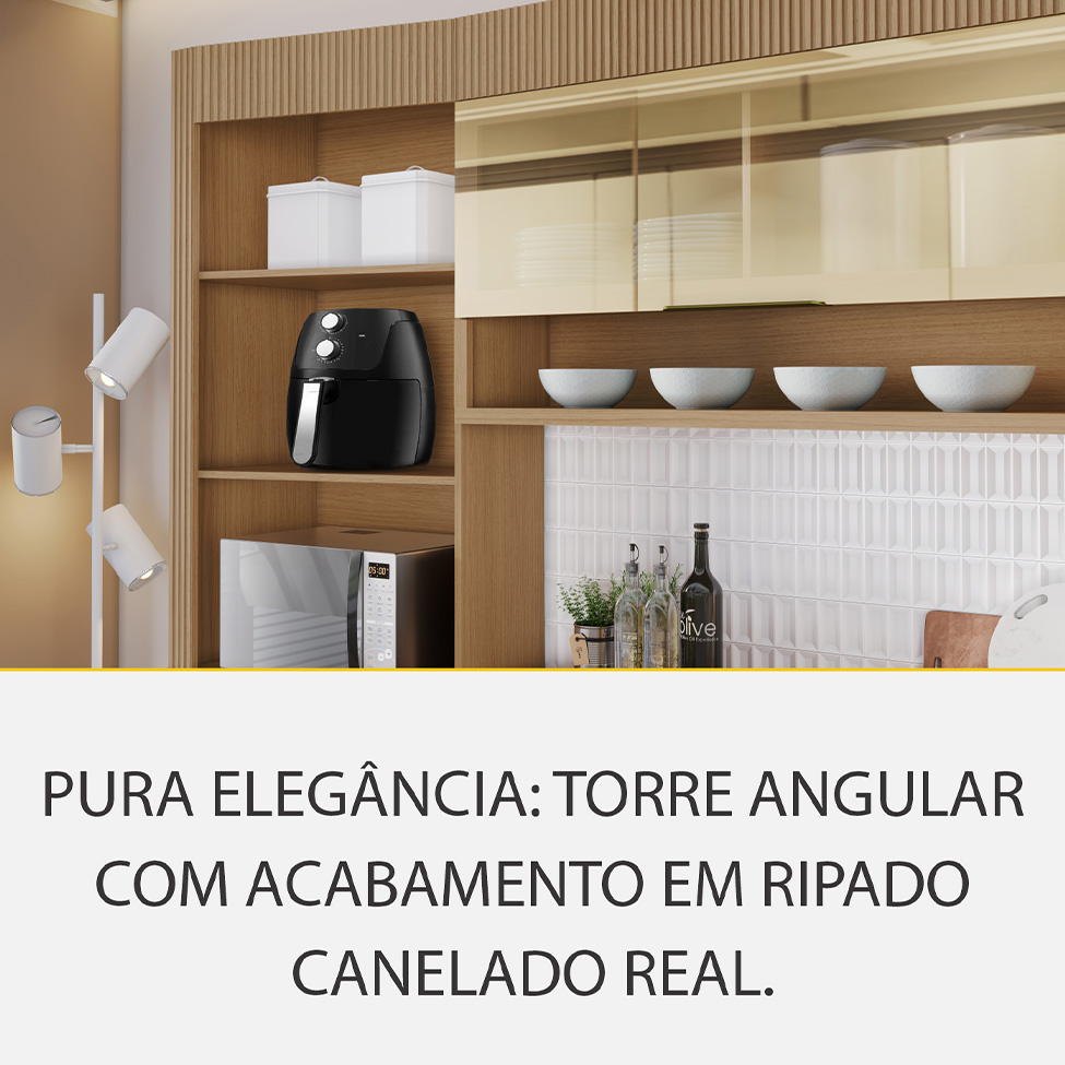 Cozinha Completa 100% MDF com Vidro Reflecta Realeza Premium 8 Portas 4 Gavetas Bege e Carvalho
