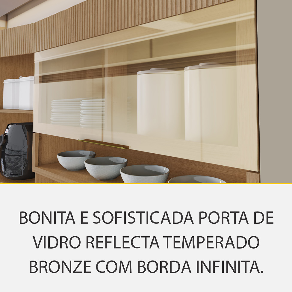 Cozinha Completa 100% MDF com Vidro Reflecta Realeza Premium 8 Portas 4 Gavetas Bege e Carvalho