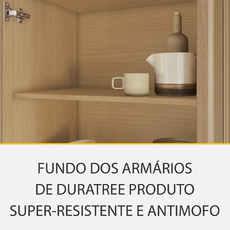 Cozinha Completa 100% MDF com Vidro Reflecta Realeza Premium 8 Portas 4 Gavetas Bege e Carvalho