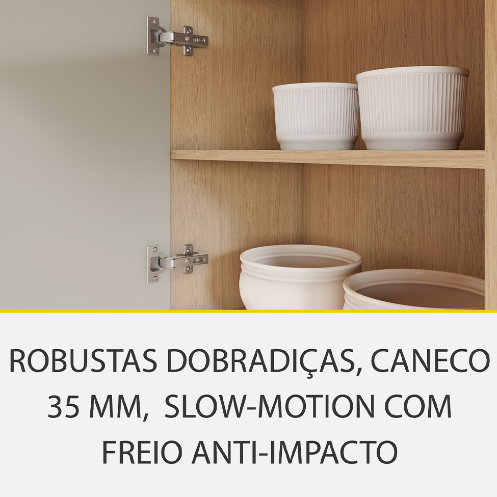 Cozinha Completa 100% MDF com Vidro Reflecta Realeza Premium 8 Portas 4 Gavetas Bege e Carvalho