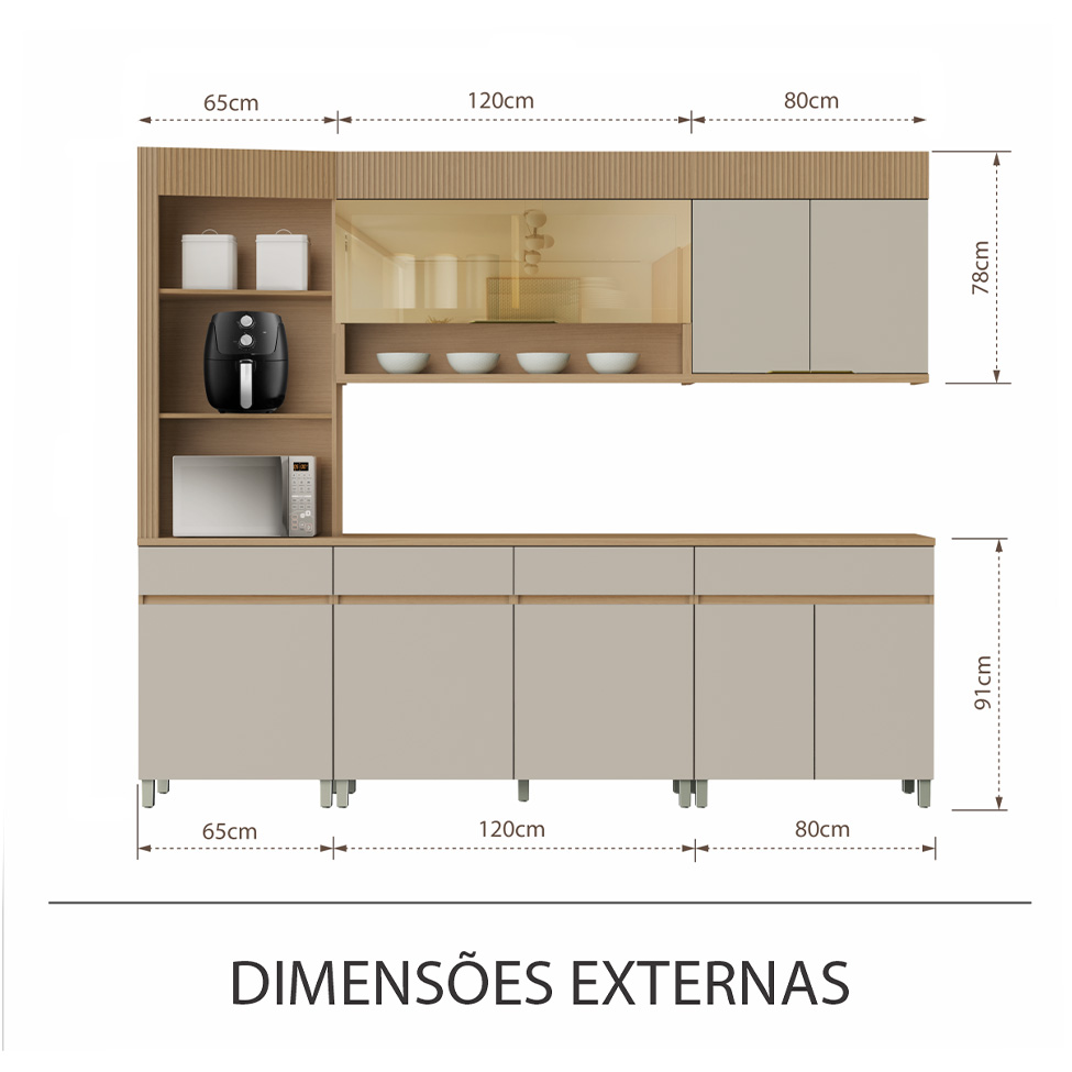 Cozinha Completa 100% MDF com Vidro Reflecta Realeza Premium 8 Portas 4 Gavetas Bege e Carvalho