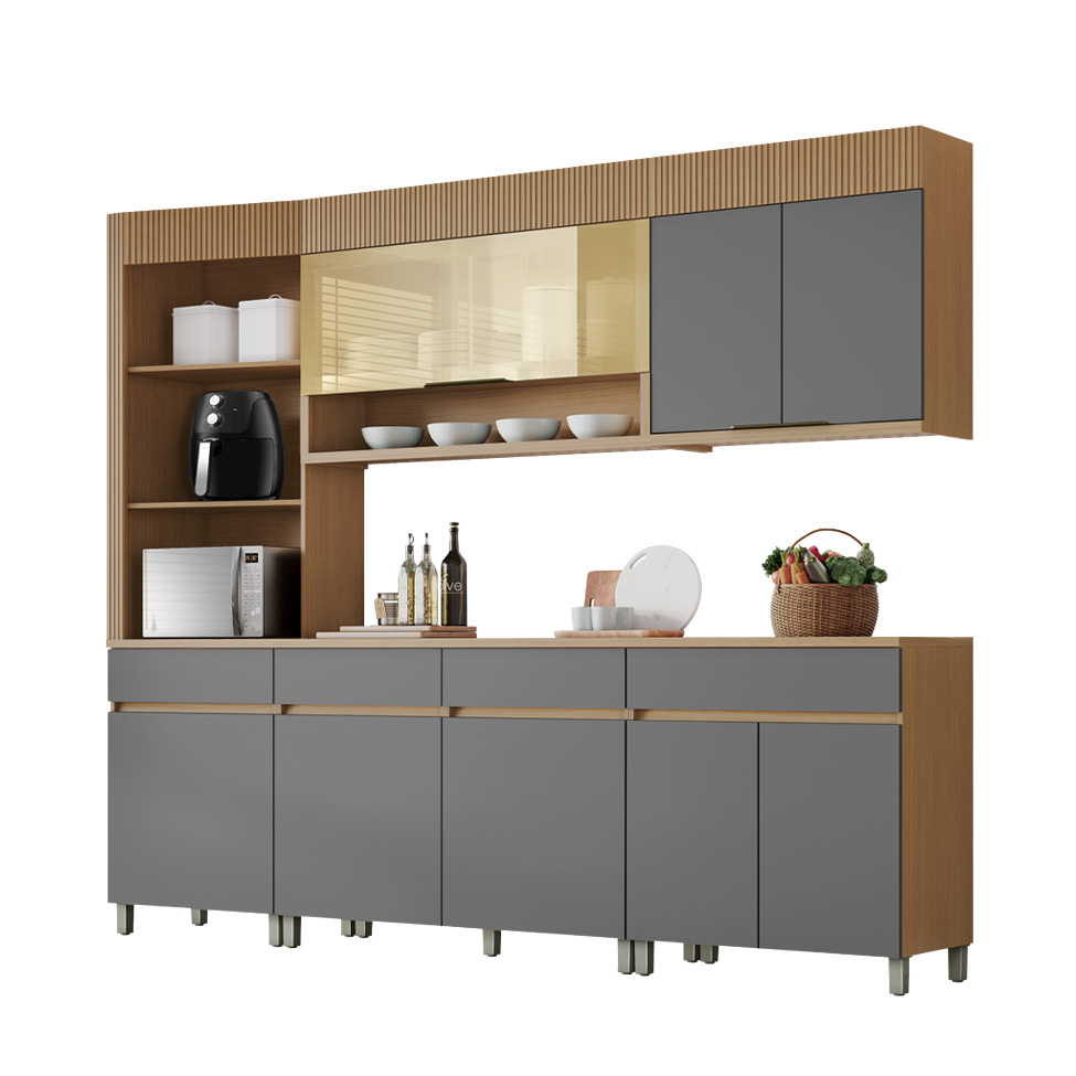 Cozinha Completa 100% MDF com Vidro Reflecta Realeza Premium 8 Portas 4 Gavetas Titânio e Carvalho