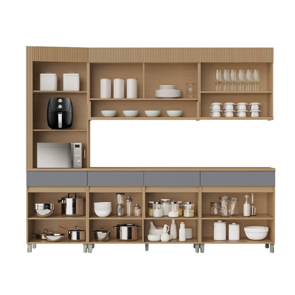 Cozinha Completa 100% MDF com Vidro Reflecta Realeza Premium 8 Portas 4 Gavetas Titânio e Carvalho