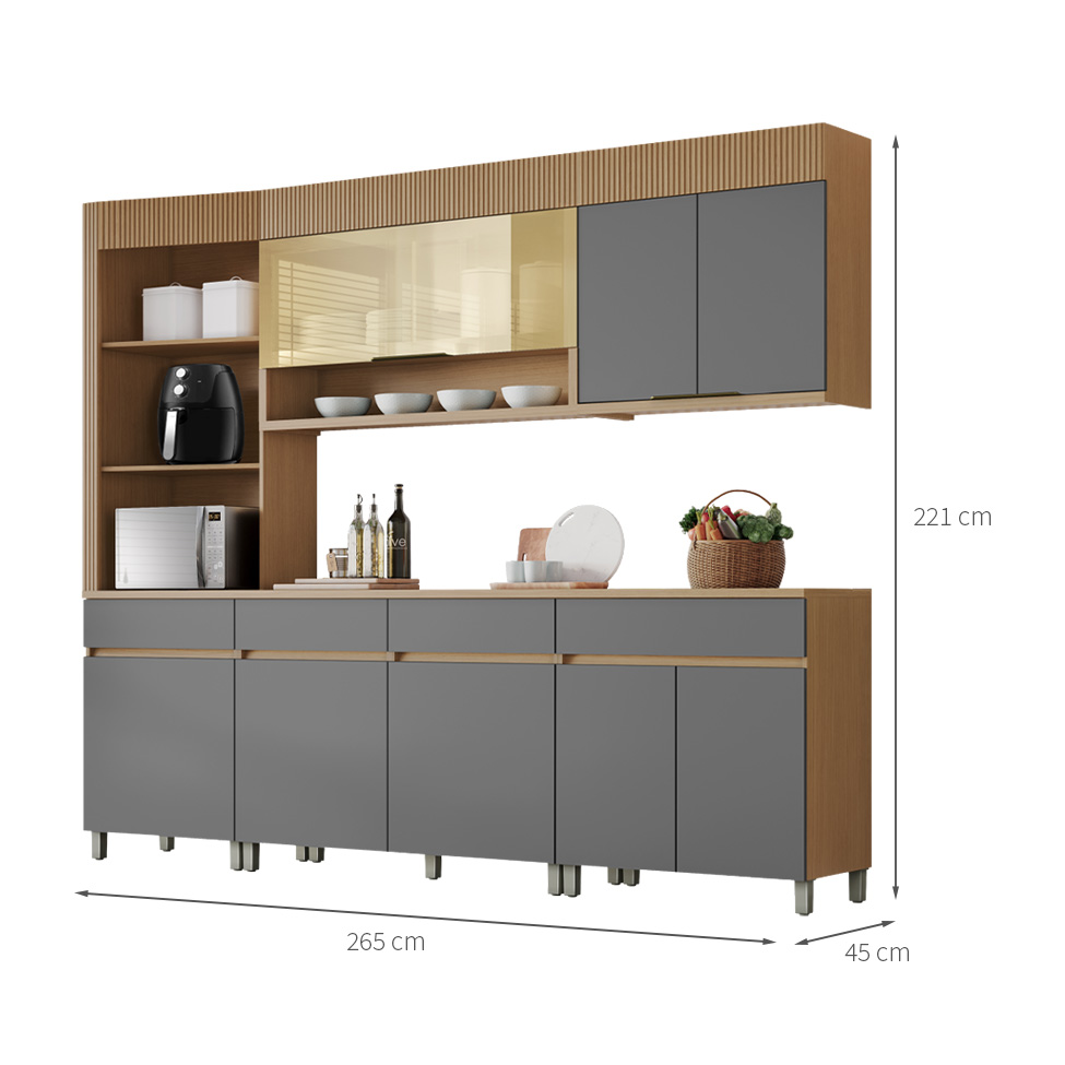 Cozinha Completa 100% MDF com Vidro Reflecta Realeza Premium 8 Portas 4 Gavetas Titânio e Carvalho