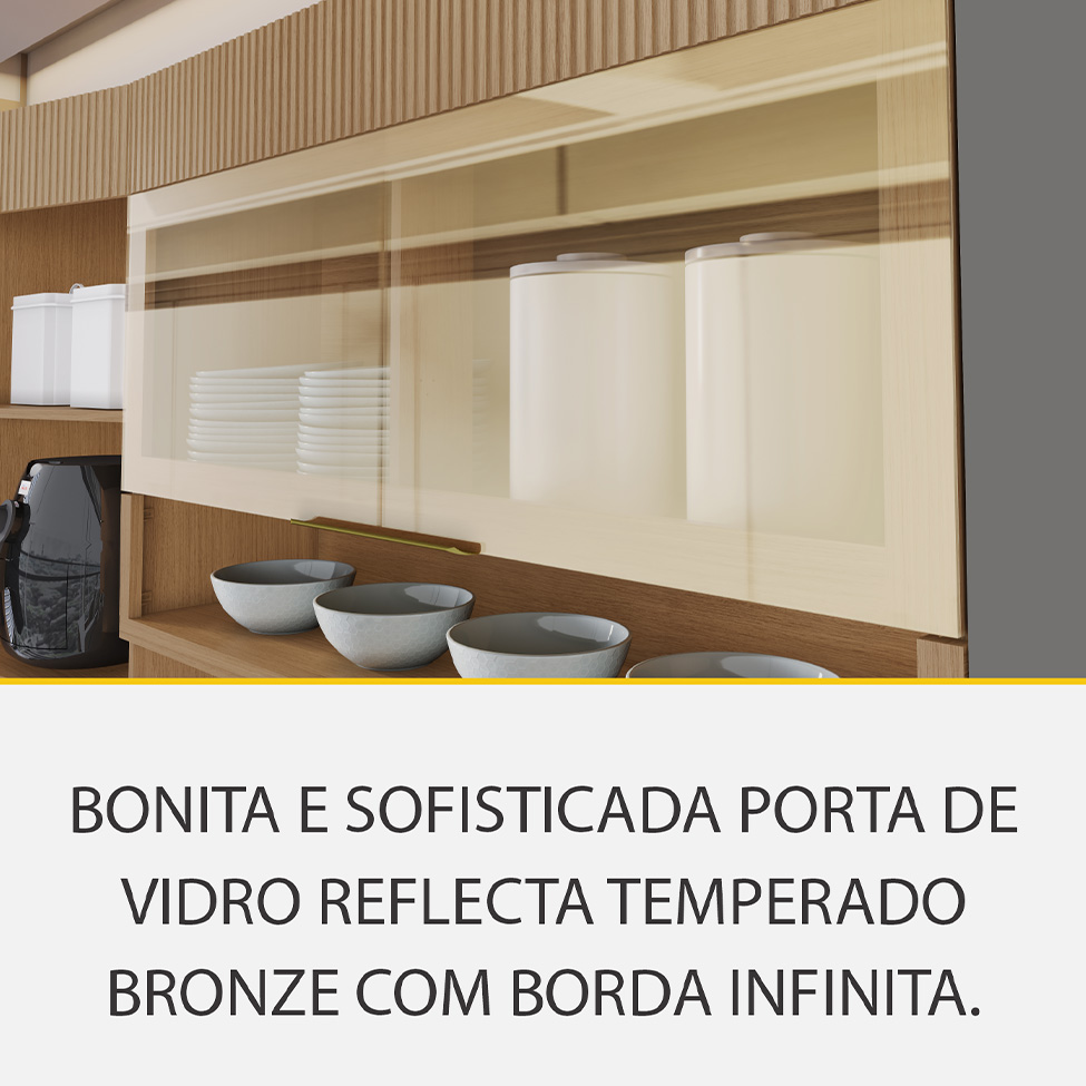 Cozinha Completa 100% MDF com Vidro Reflecta Realeza Premium 8 Portas 4 Gavetas Titânio e Carvalho
