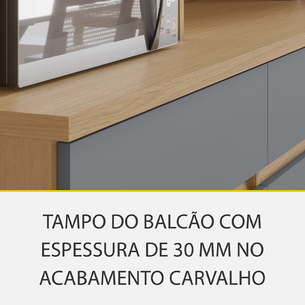 Cozinha Completa 100% MDF com Vidro Reflecta Realeza Premium 8 Portas 4 Gavetas Titânio e Carvalho