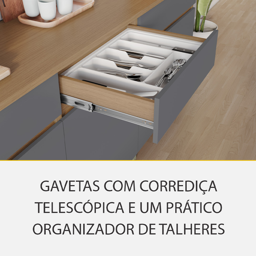 Cozinha Completa 100% MDF com Vidro Reflecta Realeza Premium 8 Portas 4 Gavetas Titânio e Carvalho