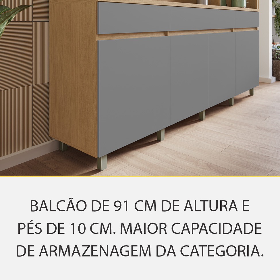 Cozinha Completa 100% MDF com Vidro Reflecta Realeza Premium 8 Portas 4 Gavetas Titânio e Carvalho