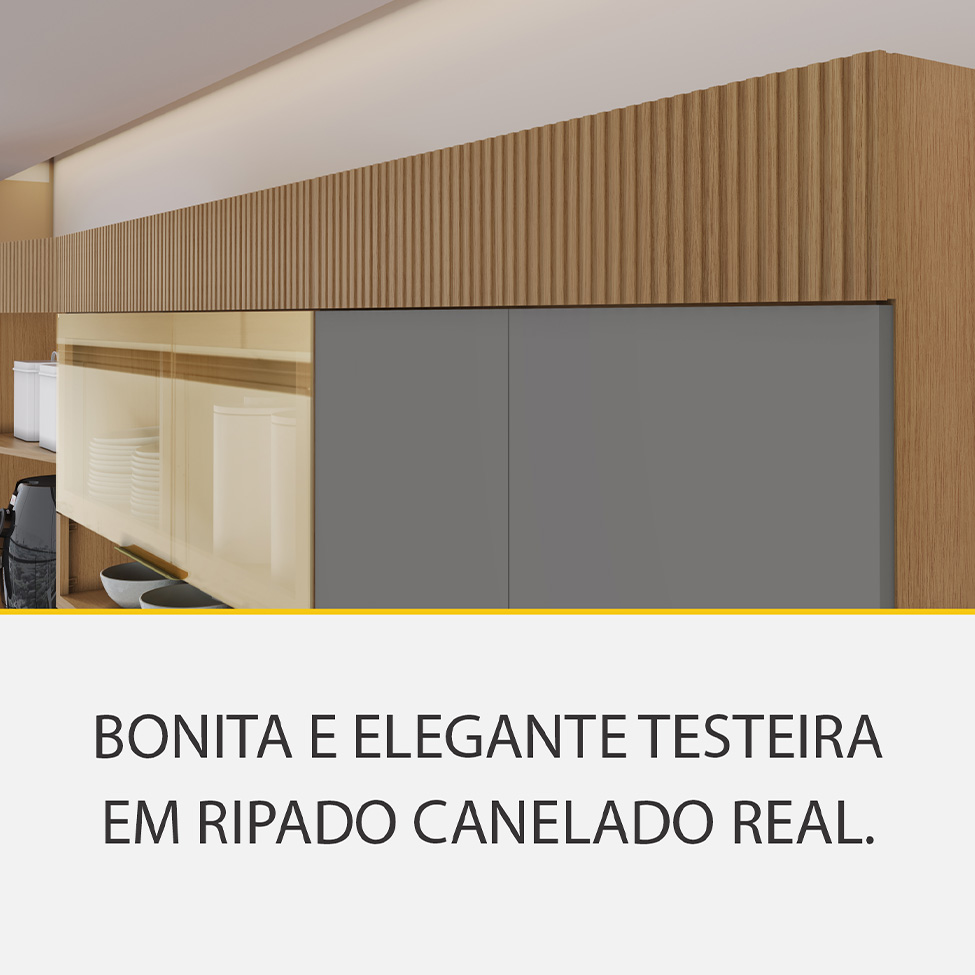Cozinha Completa 100% MDF com Vidro Reflecta Realeza Premium 8 Portas 4 Gavetas Titânio e Carvalho