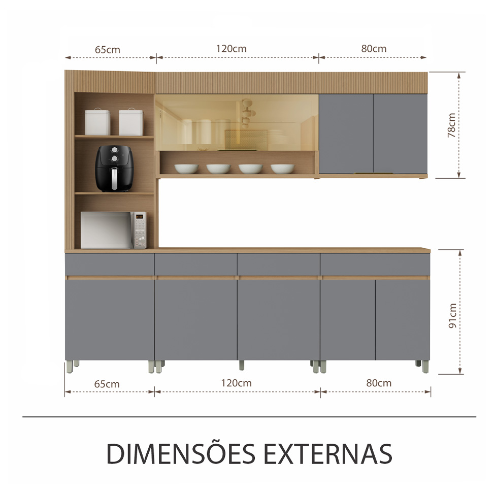 Cozinha Completa 100% MDF com Vidro Reflecta Realeza Premium 8 Portas 4 Gavetas Titânio e Carvalho