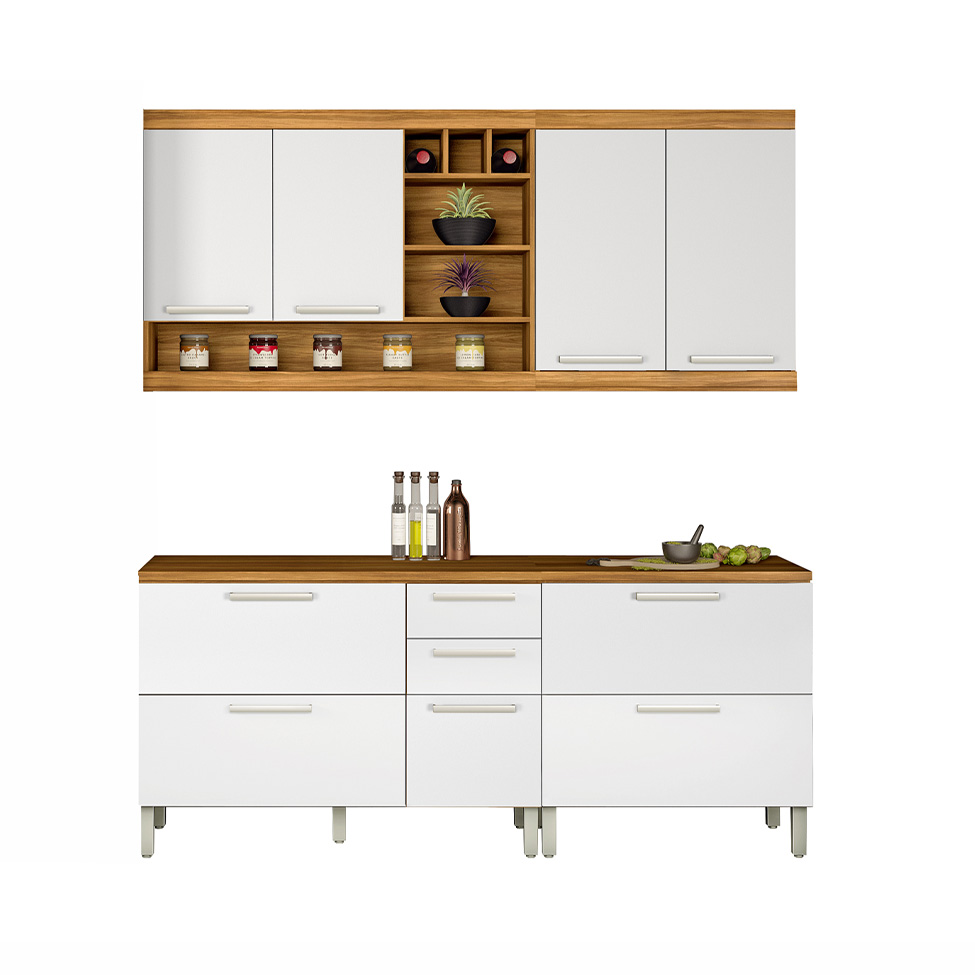 Cozinha Completa Burguesa Premium com Ilha 8 Portas 7 Gavetas Freijó e Branca