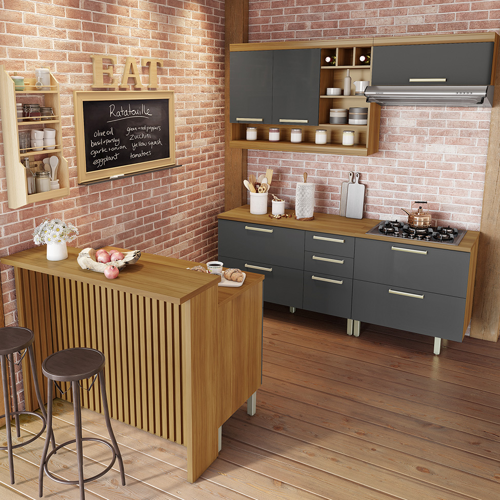 Cozinha Completa Burguesa Premium com Ilha 8 Portas 7 Gavetas Freijó e Grafite