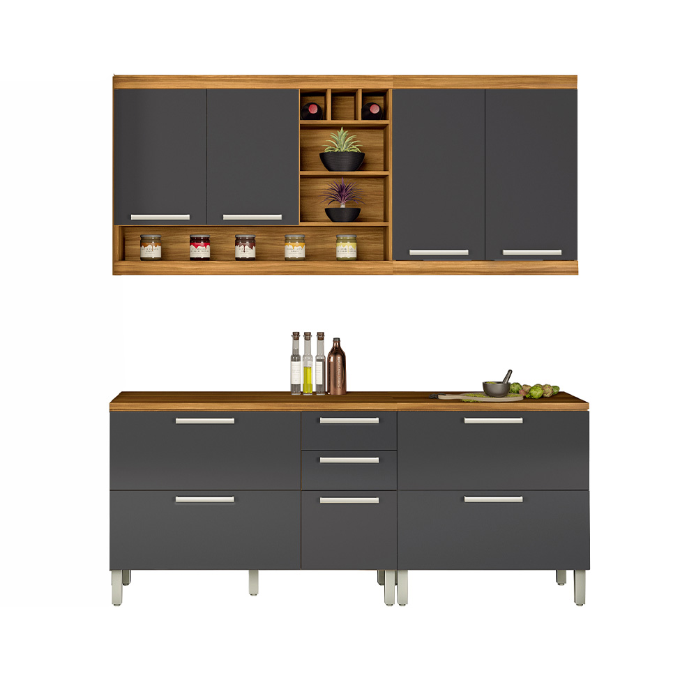 Cozinha Completa Burguesa Premium com Ilha 8 Portas 7 Gavetas Freijó e Grafite