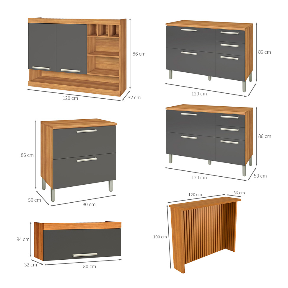 Cozinha Completa Burguesa Premium com Ilha 8 Portas 7 Gavetas Freijó e Grafite