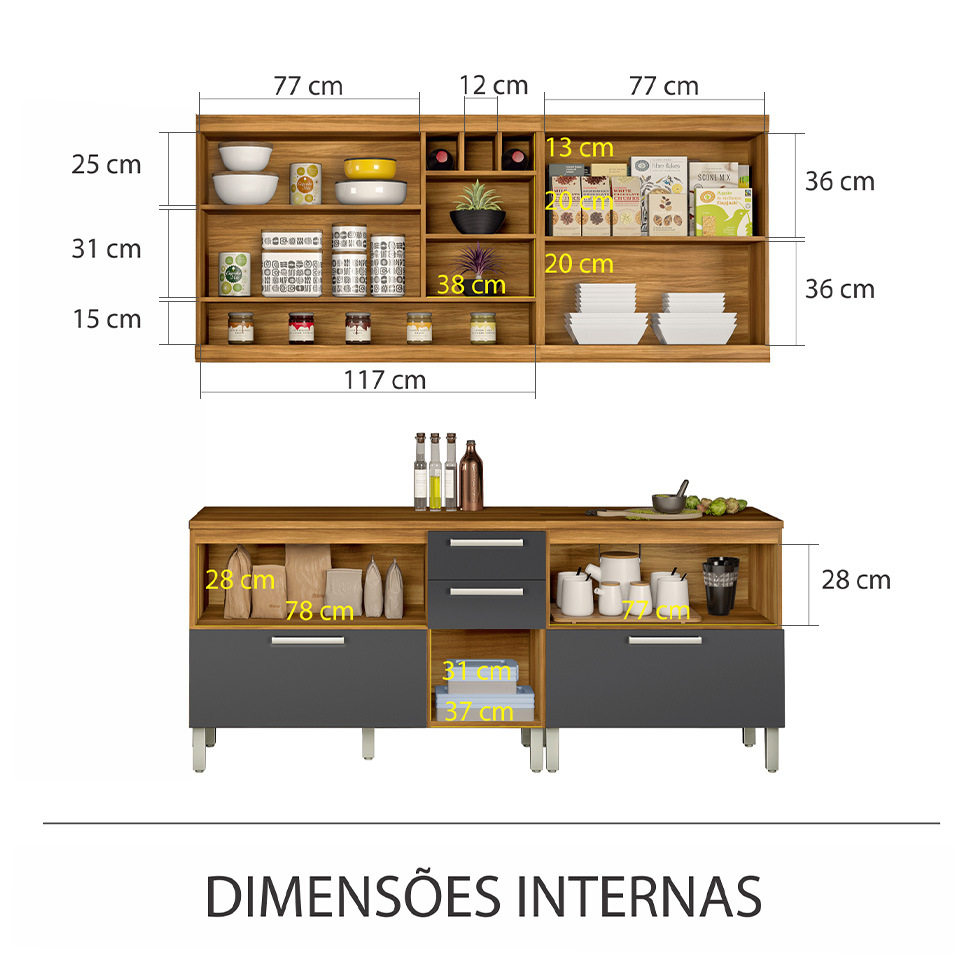 Cozinha Completa Burguesa Premium com Ilha 8 Portas 7 Gavetas Freijó e Grafite