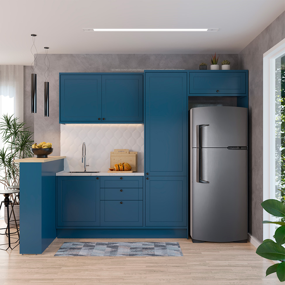 Cozinha Completa Évora com Bancada 6 Portas 3 Gavetas Azul Órion
